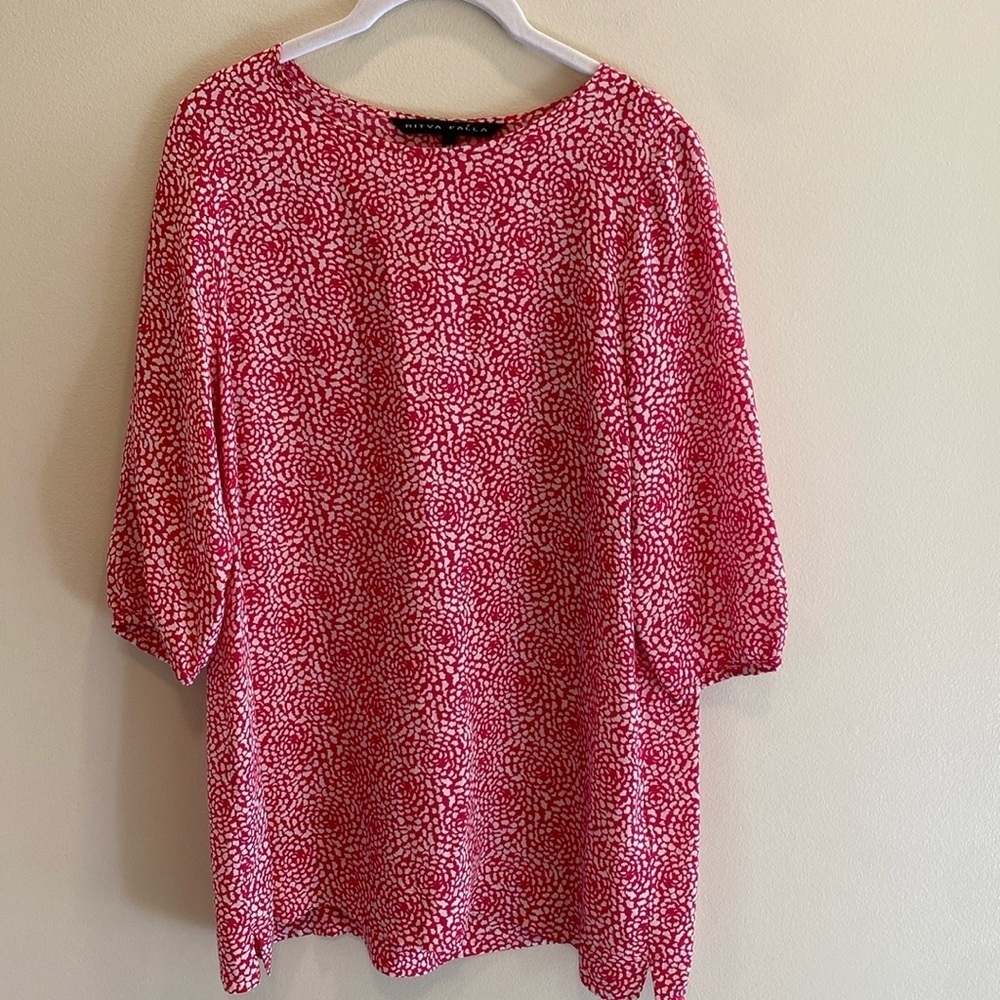 Ritva Falla Designer Silk Floral 3/4 Sleeve Pink Red White Oversized Blouse XS